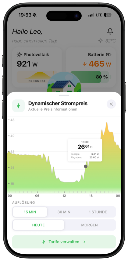 Solistrom Dynamische-Strompreise-Screen: heutige und morgige Preise inkl. Netzentgelte