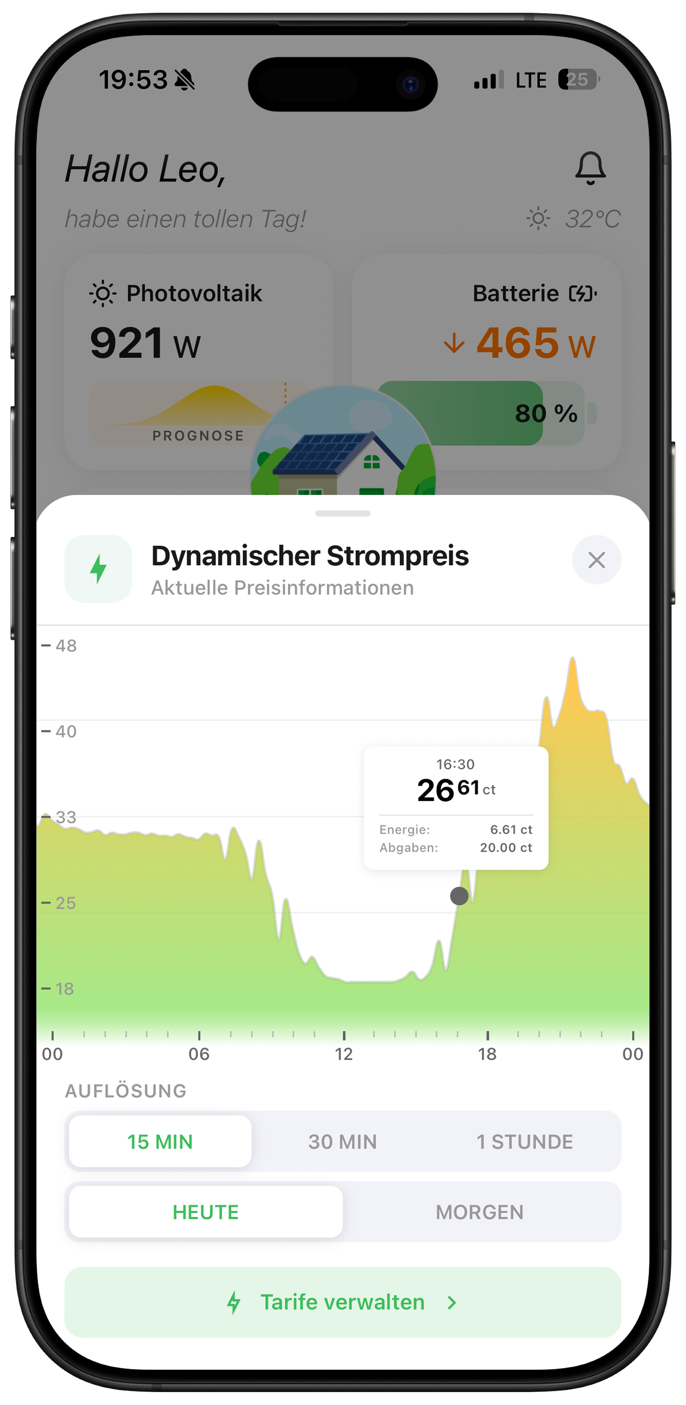 Solistrom Dynamische-Strompreise-Screen: heutige und morgige Preise inkl. Netzentgelte